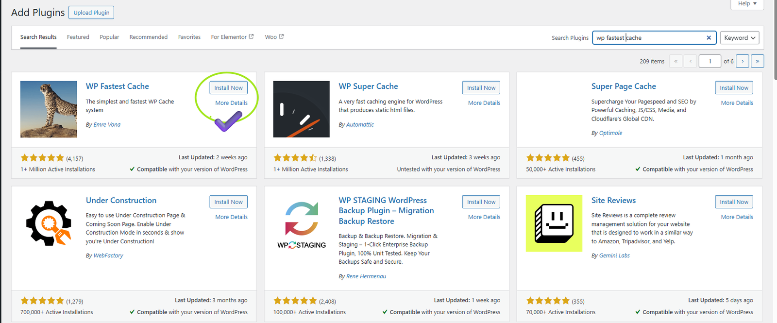 Performance results from WP Fastest Cache test